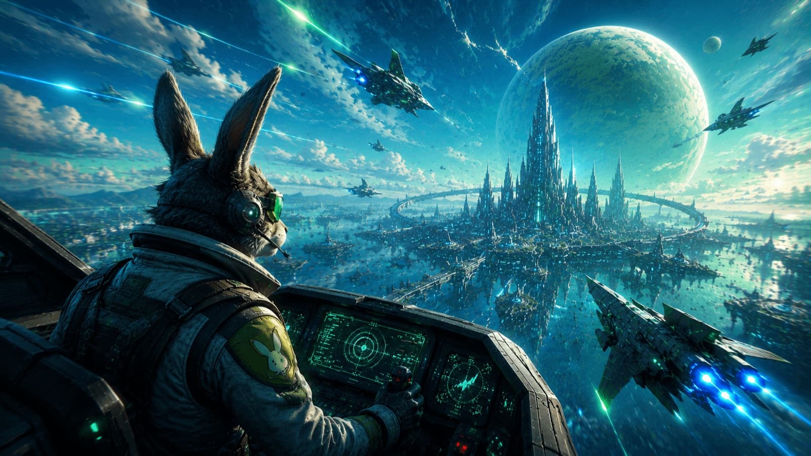 Original sci-fi space pilot artwork with spacecraft and a futuristic city under a blue-green sky