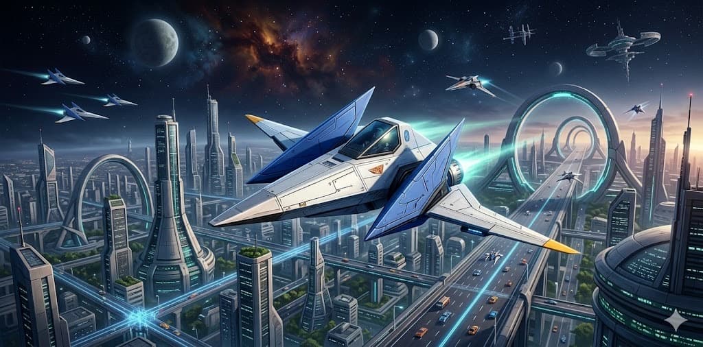 Fan-made Arwing-style spacecraft visual flying through a futuristic city for Star Fox Switch 2 gameplay context