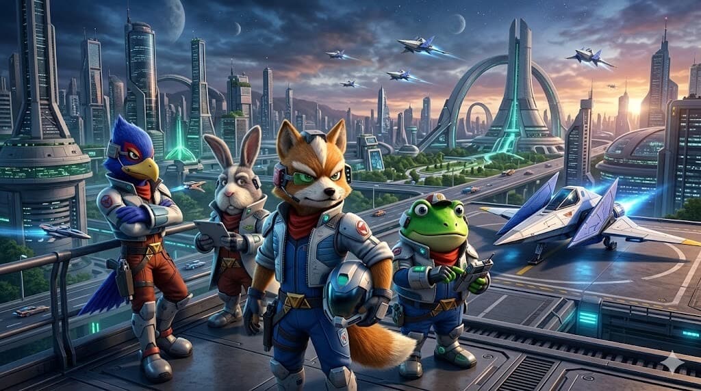 Fan-made Star Fox Switch 2 team promo visual with animal space pilots overlooking a futuristic city